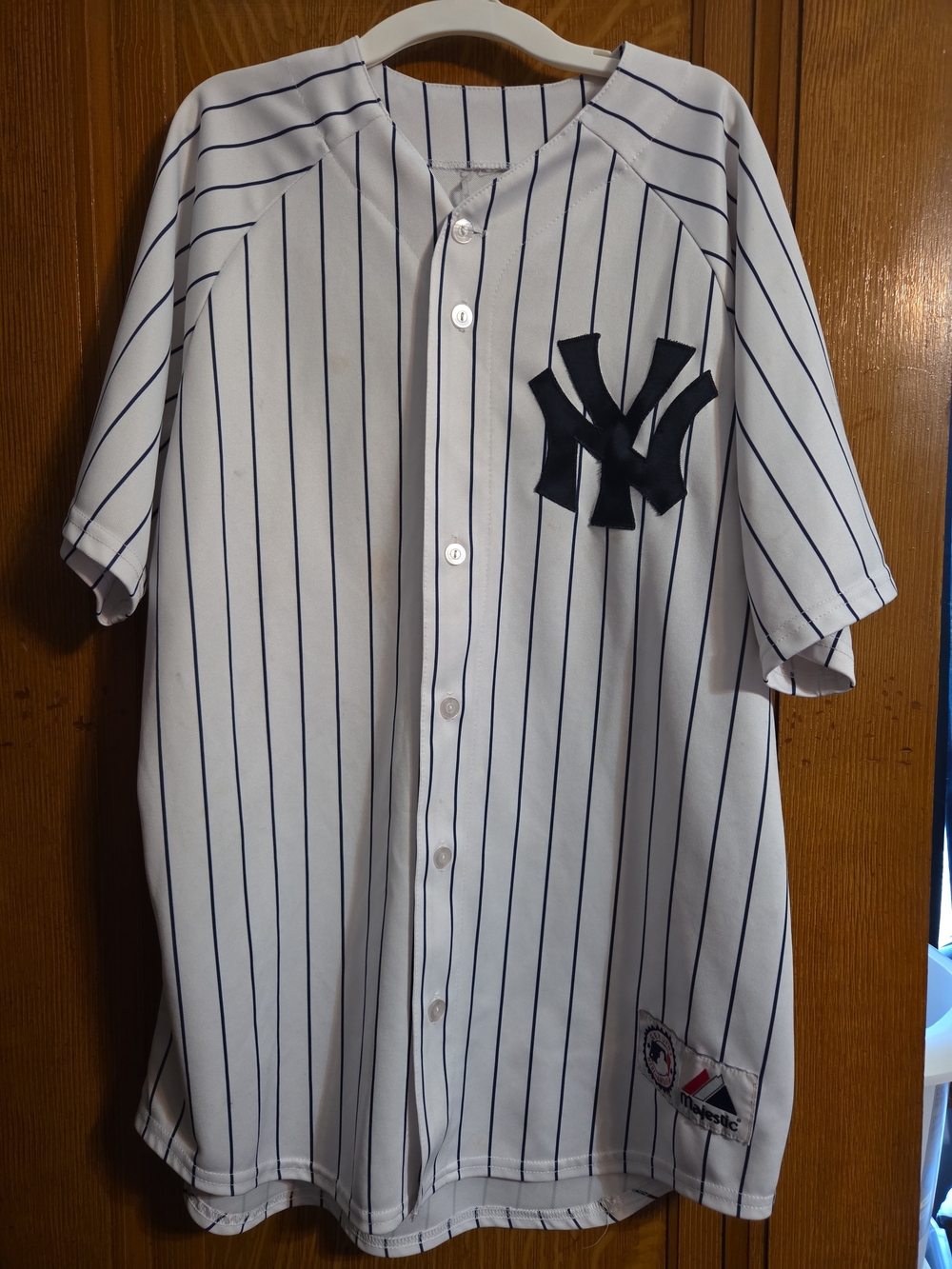 Majestic White Jersey with Navy Pinstripes and NY Logo